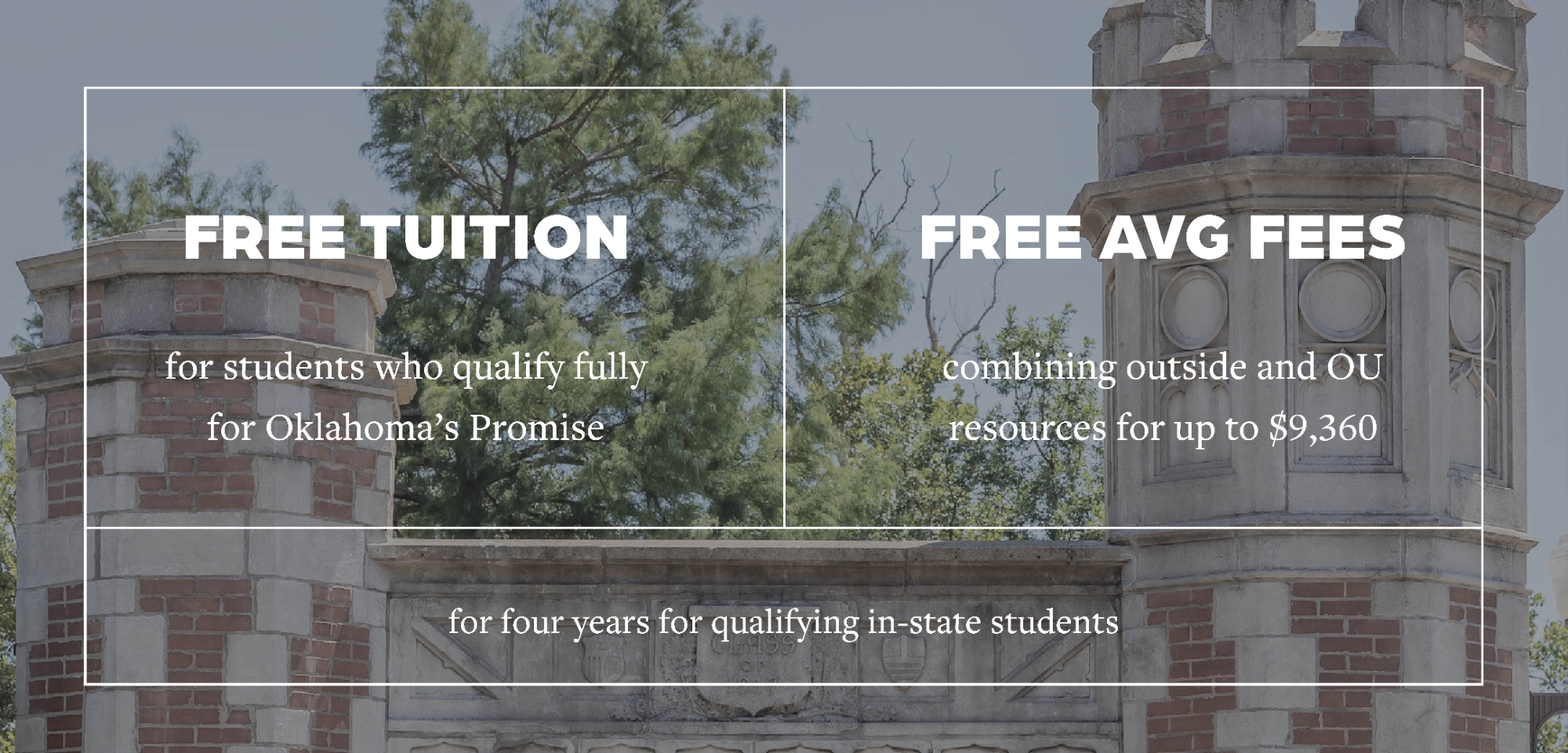 深红色的承诺: Free tuition for students who qualify fully for Oklahoma's Promise, and free average feed combining outside and OU resources for up to $9,085 for four years for qualifying in-state students