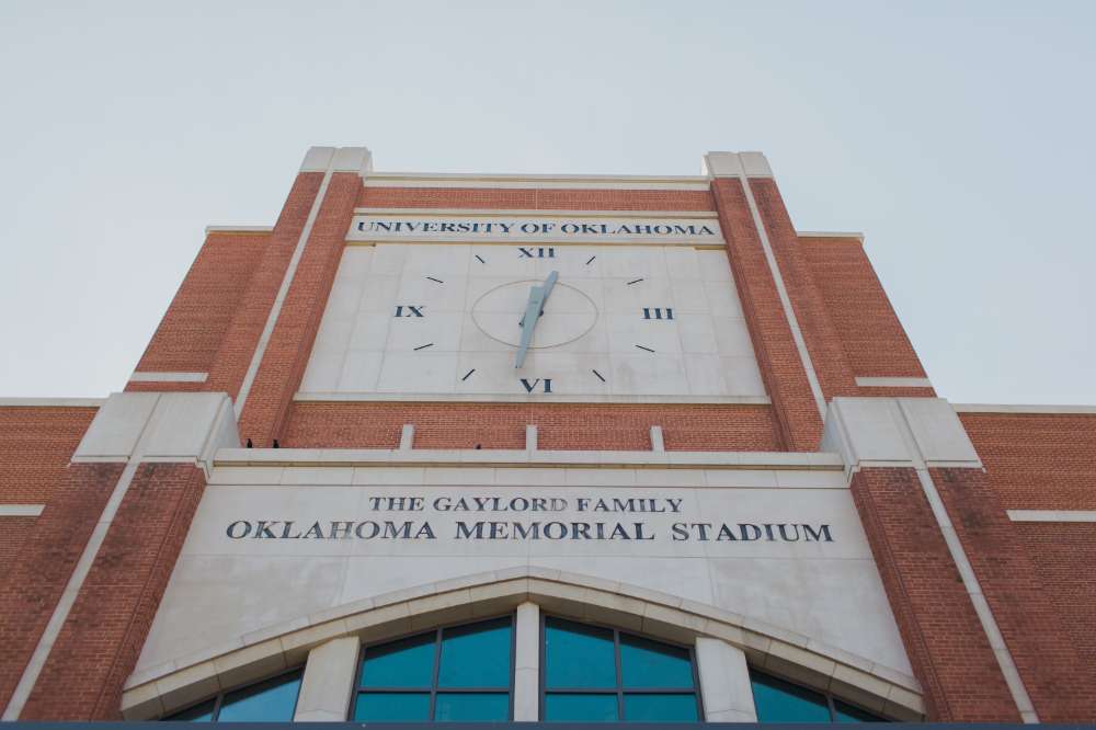 The north side clock of Gaylord-Family Oklahoma Memorial Stadium.