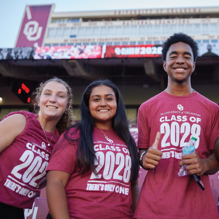 OU students pose for a photo at Class Kickoff, held at the Gaylord Family - Oklahoma Memorial Stadium. Welcome Home, Class of 2026!