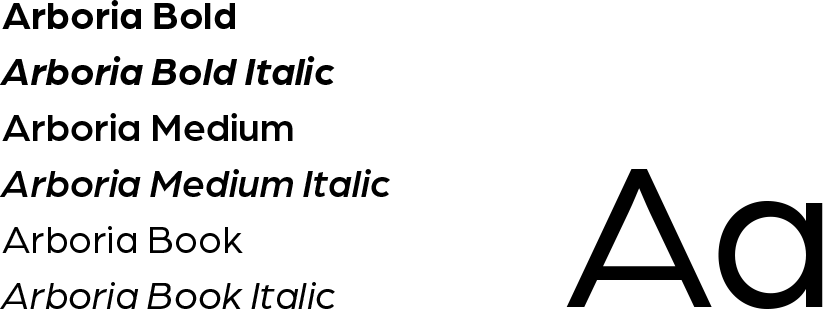 Arboria Bold, Arboria Bold Italic, Arboria Medium, Arboria Medium Italic, Arboria Book, Arboria Book Italic, Aa