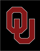 interlocking OU, crimson outlined in white on black background