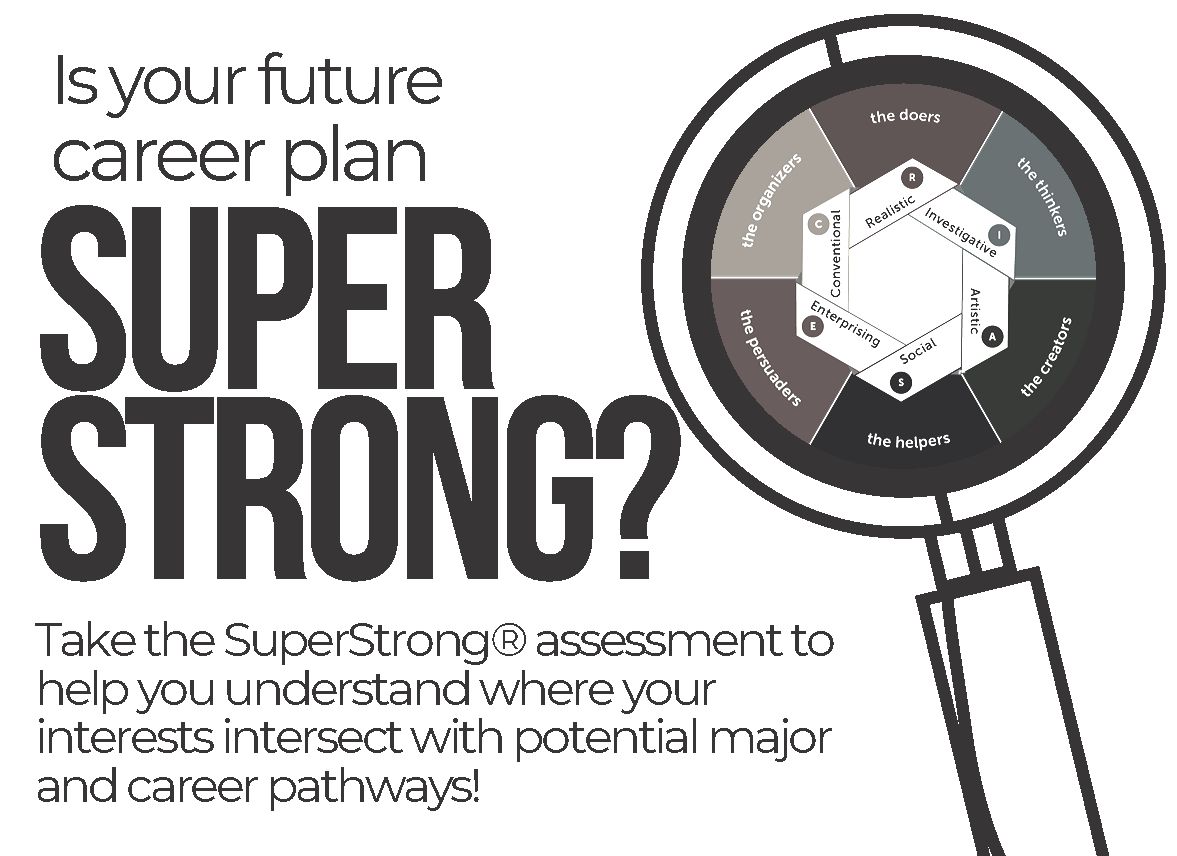 is your future career plan super strong? Take the super strong assessment to help you understand where your interests intersect with potential major and career pathways!