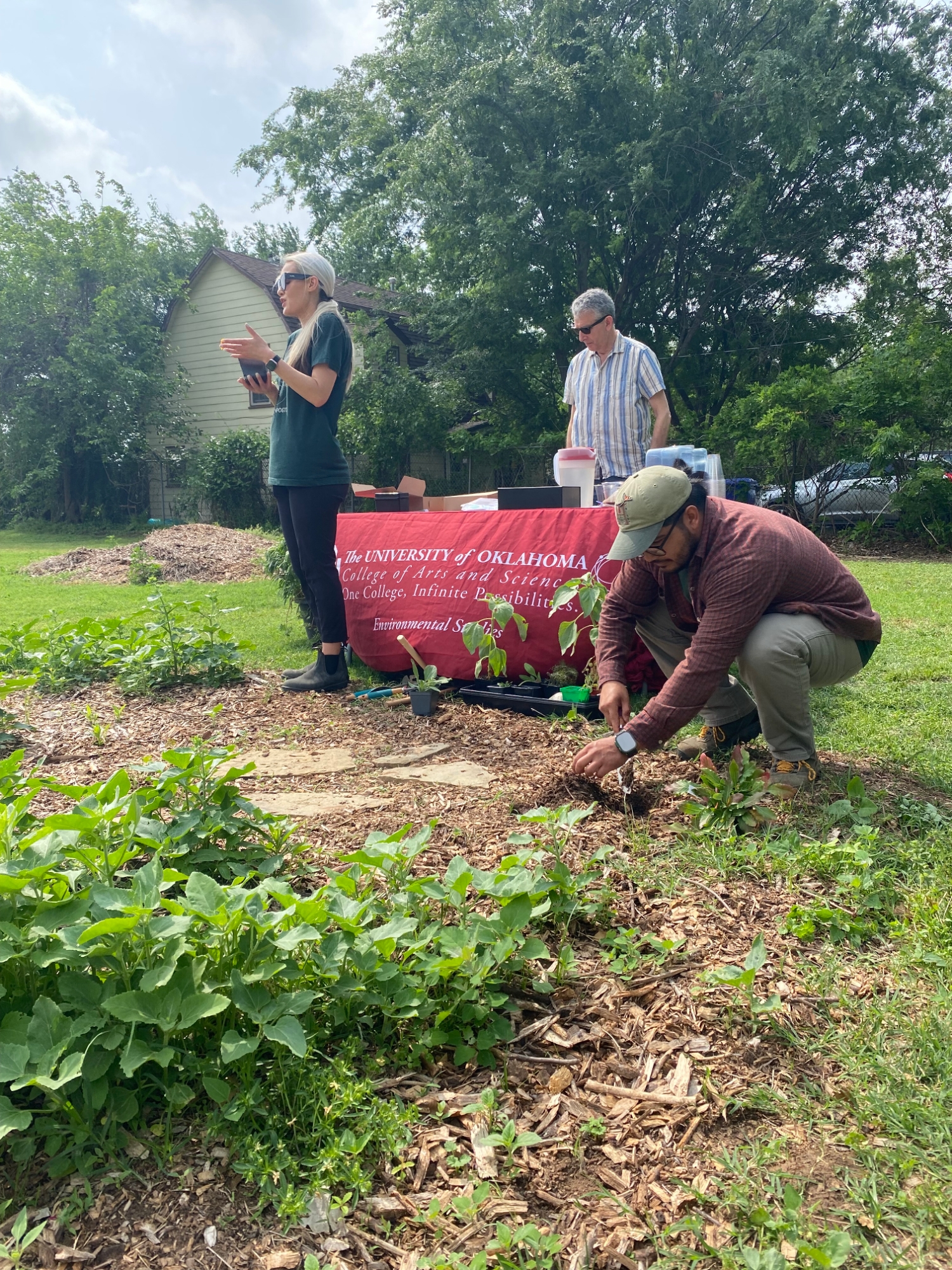 A student digs a hole for a plant in front of the presentation table at the pollinator garden.