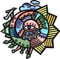 Graphic depicting an eye surrounded by the earth, water, air, fire and technology.