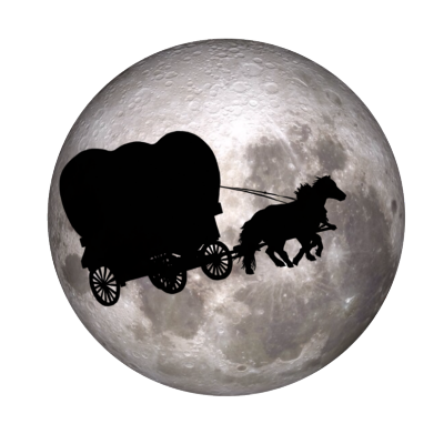 Schooner flying in front of a giant moon.