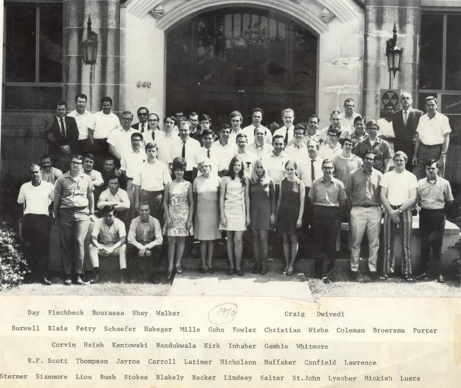 1970-1971 group photo in black and white. Text under photo: "1970 [circled] [First line] Day, Fischbeck, Bourassa, Shay, Walker, Craig, Dwivedi, [Second line] Burwell, Blais, Petry, Schaefer, Habeger, Mills, Cohn, Fowler, Christian, Wiebe, Coleman, Broersma, Porter, [Third line] Corvin, Hsieh, Kantowski, Bandukwala, Kirk, Inhaber, Gamble, Whitmore, [Fourth line] R.P. Scott, Thompson, Jayroe, Carroll, Latimer, Nicholson, Huffaker, Canfield, Lawrence, [Fifth line] Stermer, Sizemore, Liou, Bush, Stokes, Blakely, Becker, Lindsey, Salter, St. John, Lysobey, Mickish, Luers."