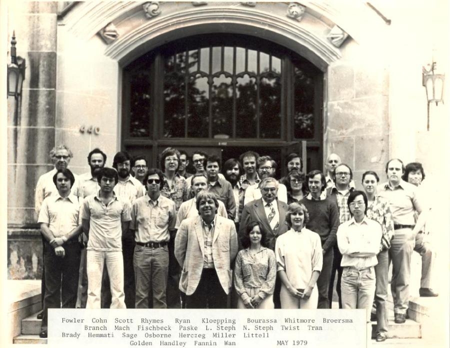1978-1979 group photo in black and white. Text under photo: "[First line] Fowler, Cohn, Scott, Rhymes, Ryan, Kloepping, Bourassa, Whitmore, Broersma, [Second line] Branch, Mach, Fischbeck, Paske, L. Steph, N. Steph, Twist, Tran, [Third line] Brady, Hemmati, Sage, Osborne, Herczeg, Miller, Littell, [Fourth line] Golden, Handley, Fannin, Wan, MAY 1979."