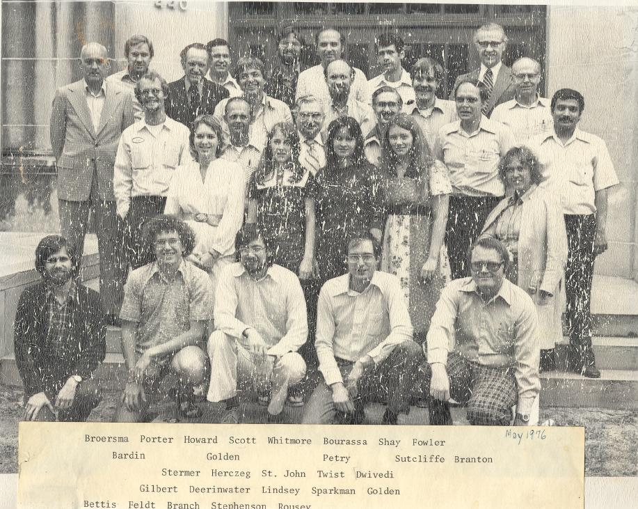 1975-1976 group photo in black and white. Text under photo: "May 1976, [First line] Broersma, Porter, Howard, Scott, Whitmore, Bourassa, Shay, Fowler, [Second line] Bardin, Golden, Petry, Sutcliffe, Branton, [Third line] Stermer, Herczeg, St. John, Twist, Dwivedi, [Fourth line] Gilbert, Deerinwater, Lindsey, Sparkman, Golden, [Fifth line] Bettis, Feldt, Branch, Stephenson, Rousey."