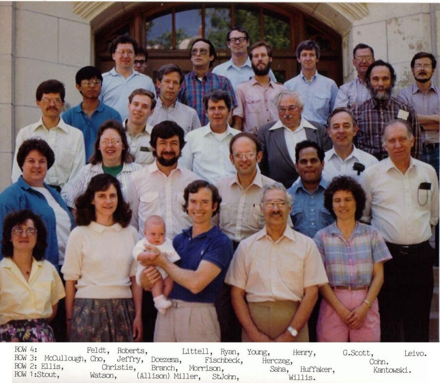 1987-1988 group photo in color. Text under photo: "[First line] ROW 4: Feldt, Roberts, Littell, Ryan, Young, Henry, G. Scott, Leivo. [Second line] ROW 3: McCullough, Cho, Jeffry, Doezema, Fischbeck, Herczeg, Cohn. [Third line] ROW 2: Ellis, Christie, Branch, Morrison, Saha, Huffaker, Kantowski. [Fourth line] ROW 1: Stout, Watson, (Allison) Miller, St. John, Willis."