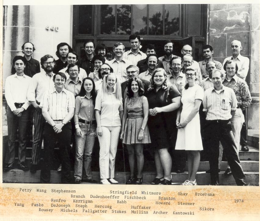 1973-1974 group photo in black and white. Text under photo: "[First line] Petry, Wang, Stephenson, Stringfield, Whitmore, Shay, Broersma, [Second line] Branch, Dudenhoeffer, Fischbeck, Branton, 1974, [Third line] Renfro, Kerrigan, Babb, Howard, Stermer, [Fourth line] Yang, Paske, DeJoseph, Steph, Herczeg, Huffaker, Sikora, [Fifth line] Rousey, Michels, Fallgatter, Stokes, Mullins, Archer, Kantowski."