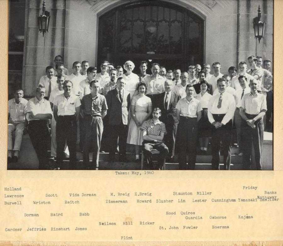 1959-1960 group photo in black and white, on yellowed paper with names typewritten underneath. Text under photo: "[First line] Taken: May, 1960. [Second line] Holland, Friday, [Third line] Lawrence, Scott, Vida, Dorman, M. Breig, E. Breig, Staunton, Miller, Banks, [Fourth line] Burwell, Wriston, Reitch, Zimmerman, Howard, Slusher, Lin, Lester, Cunningham, Yamazaki, Hathaway, Smeltzer, [Fifth line] Dorman, Baird, Babb, Hood, Quiros, [Sixth line] Guardia, Osborne, Kojima, [Seventh line] Nielsen, Hill, Ricker, [Eighth line] Gardner, Jeffries, Rinehart, Jones, St. John, Fowler, Boersma, [Ninth line] Plint."