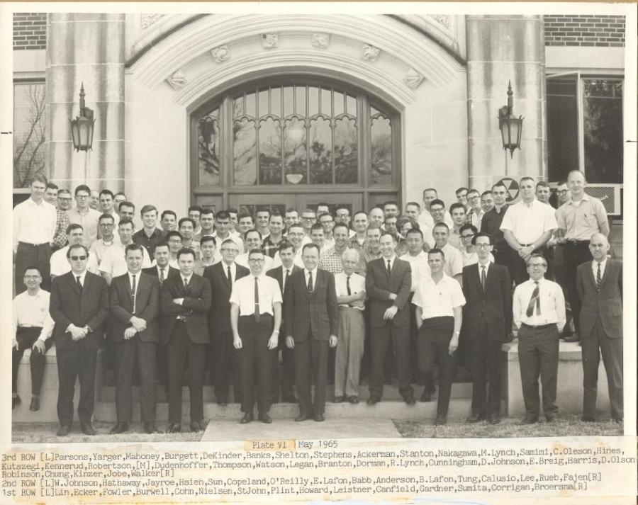 1964-1965 group photo in black and white. Text under photo: "[First line] Plate VI May 1965, [Second line] 3rd ROW [L] Parsons, Yarger, Mahoney, Burgett, DeKinder, Banks, Shelton, Stephens, Ackerman, Stanton, Nakagawa, M. Lynch, Samimi, C. Oleson, Hines, [Third line] Kutszegi, Kennerud, Robertson, [M] Dudenhoffer, Thompson, Watson, Legan, Branton, Dorman, R. Lynch, Cunningham, D. Johnson, E. Breig, Harris, D. Olson, [Fourth line] Robinson, Chung, Kinzer, Jobe, Walker [R], [Fifth line] 2nd ROW [L] W. Johnson, Hathaway, Jayroe, Hsieh, Sun, Copeland, O'Reilly, E. Lafon, Babb, Anderson, B. Lafon, Tun, Calusio, Lee, Rueb, Fajen [R], [Sixth line] 1st ROW [L] Lin, Ecker, Fowler, Burwell, Cohn, Nielsen, St. John, Plint, Howard, Leistner, Canfield, Gardner, Sumita, Corrigan, Broersma [R]."