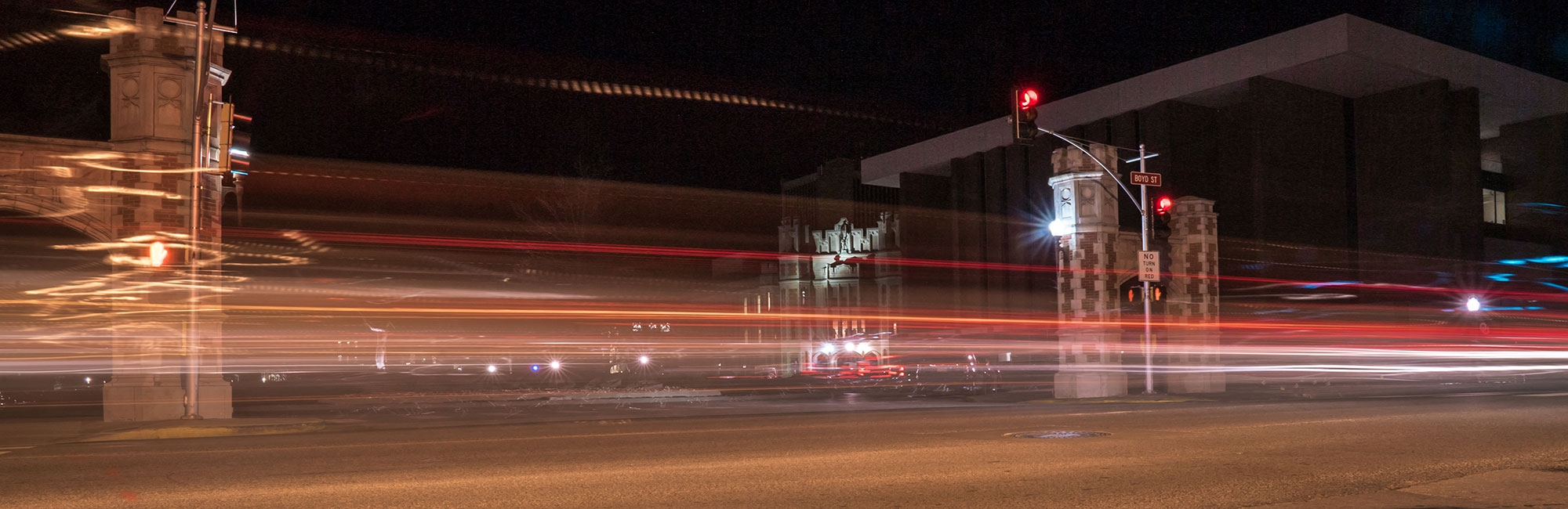 Night time traffic lights on Boyd Street OU campus.