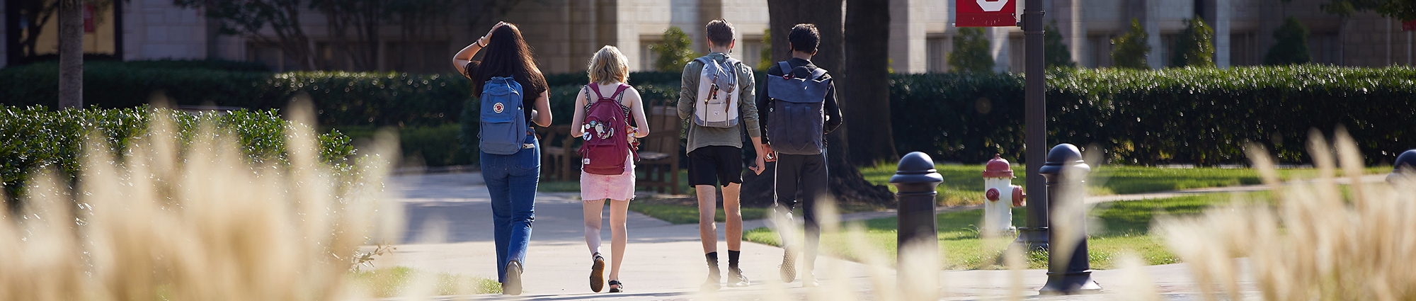 OU students walking away from camera with native grasses in foreground.