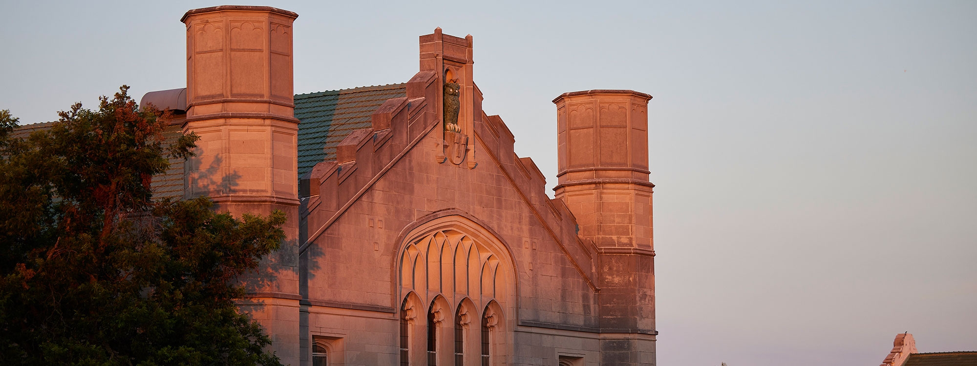 The green owl on the north wall of Monnet Hall on the OU campus.