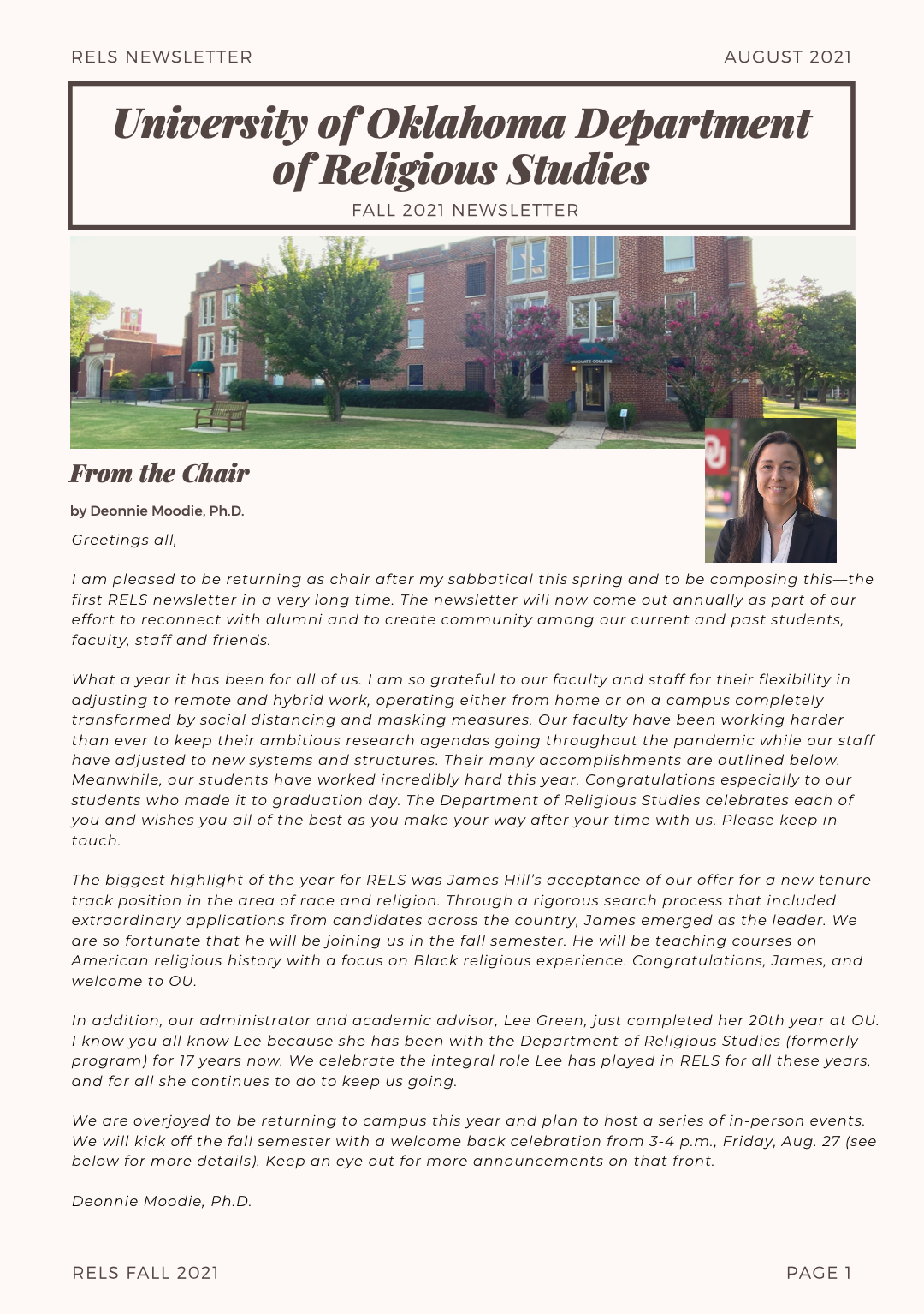 Annual Department of Religious Studies Newsletter - Fall 2021