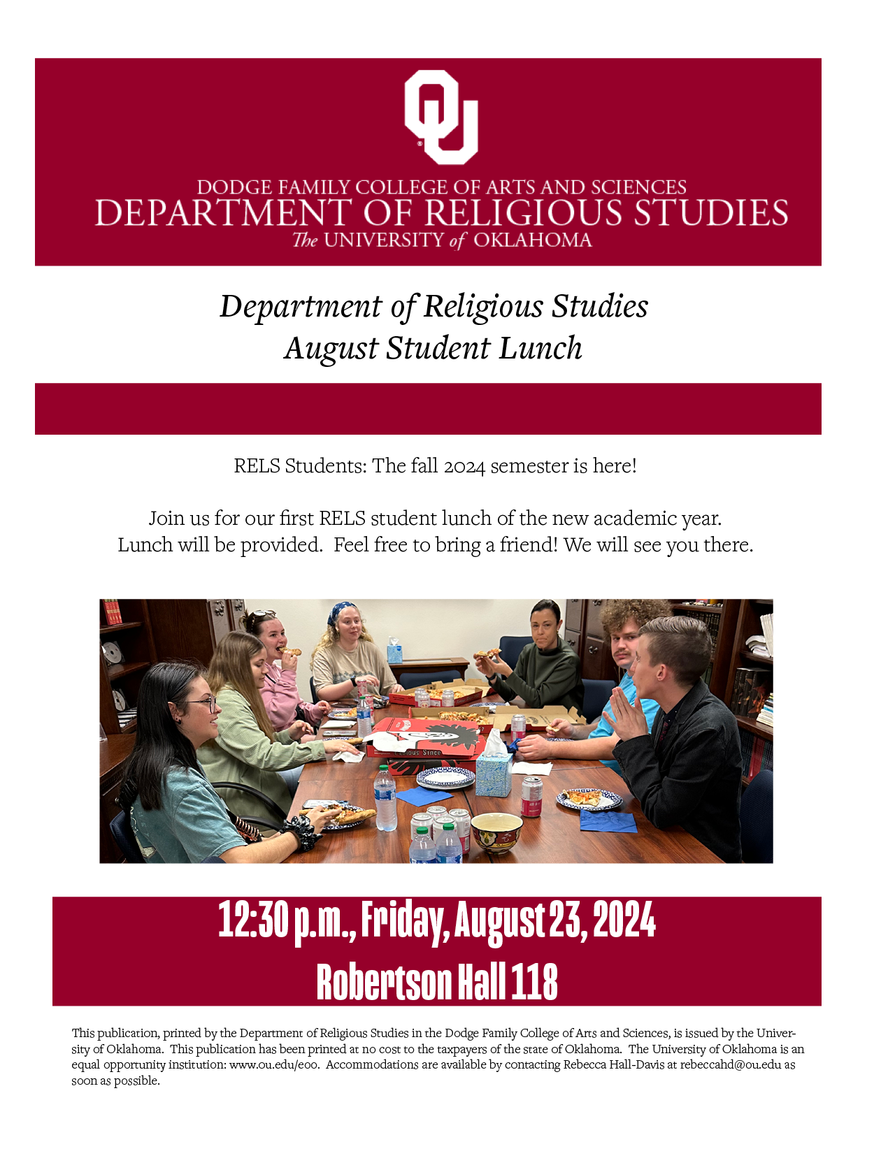 Welcome back, Religious Studies! RELS students and RELS-curious students - Help us kick off the academic year on Friday, Aug. 23 at 12:30 p.m. in Robertson 118 with some free Hideaway pizza and good conversation. Come find out about all of the good things that will be happening this year in Religious Studies. 😀  RELS Welcome Back Student Lunch  12:30 p.m., Friday, Aug. 23  RELS Conference Room - Robertson 118