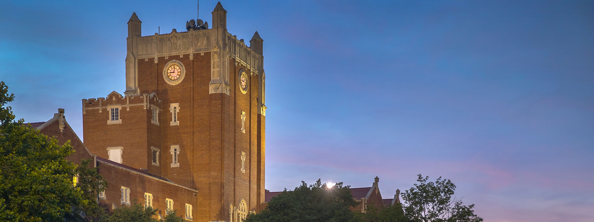 The Memorial Union clocktower at dusk.