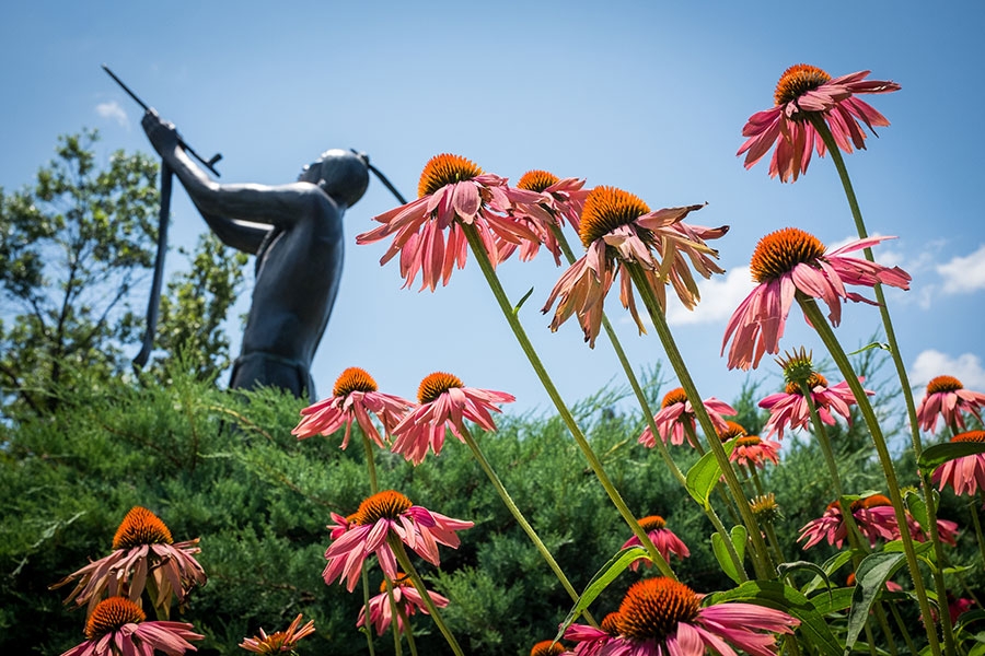 Statue with flowers and blue sky
