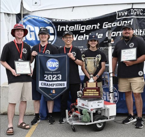 The Sooner Competitive Robotics team, from left, Braden White, Antonio Chappell, Yu Hao Zhang, Dylan Zemlin and Jorge Exinia.