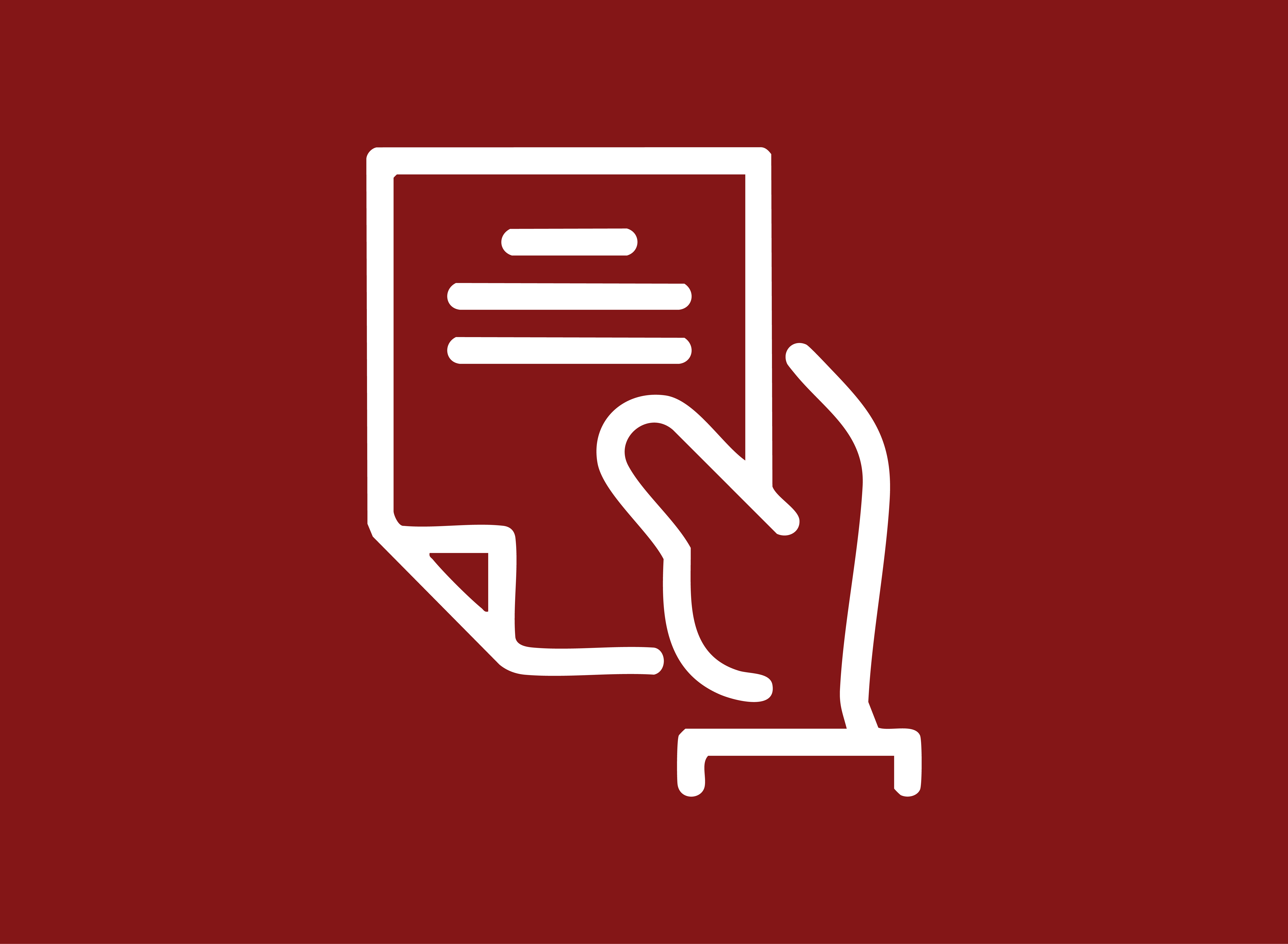 A white icon of a piece of paper held by a hand over a crimson background.