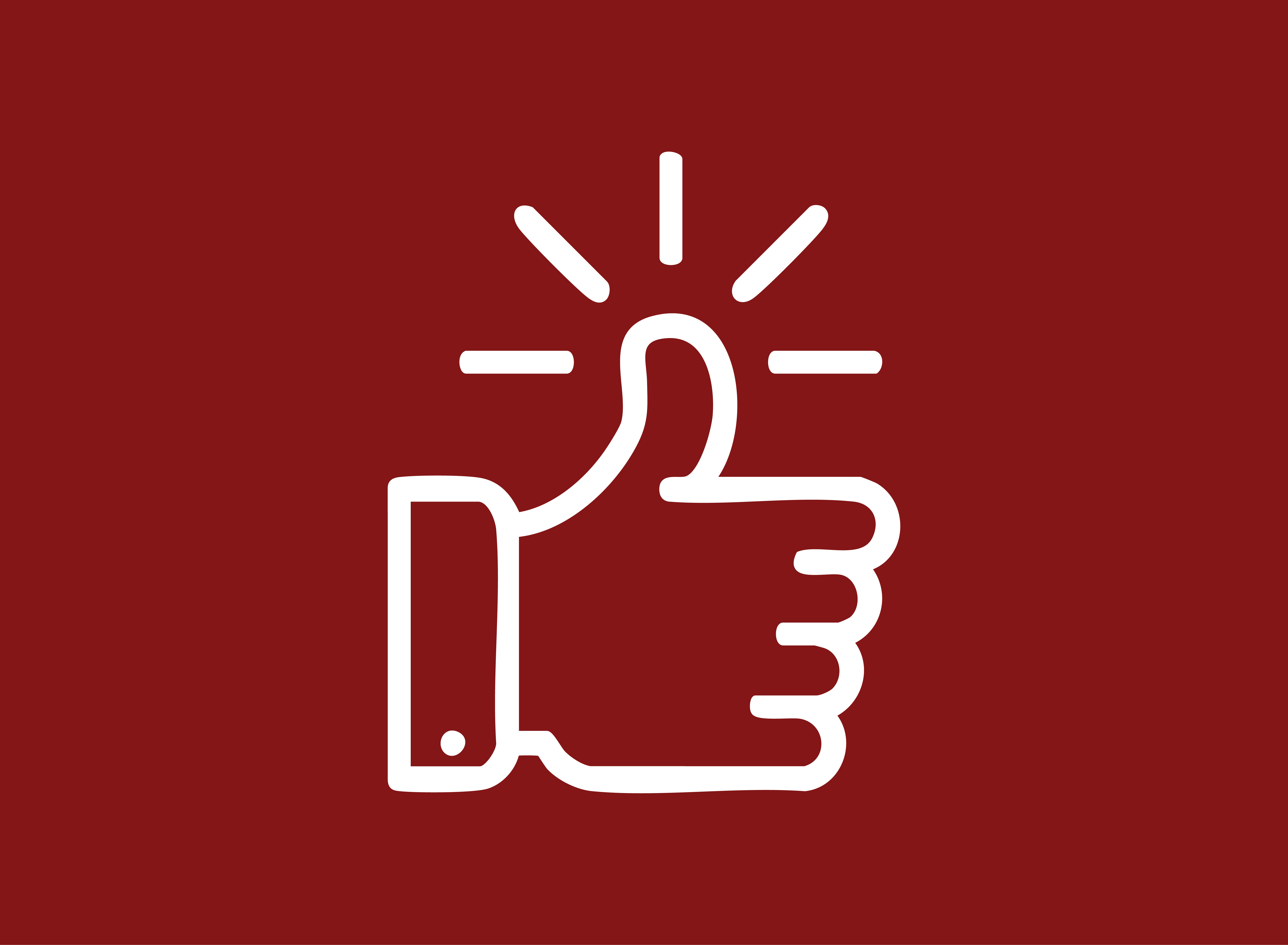 A white icon of a thumbs up over a crimson background.