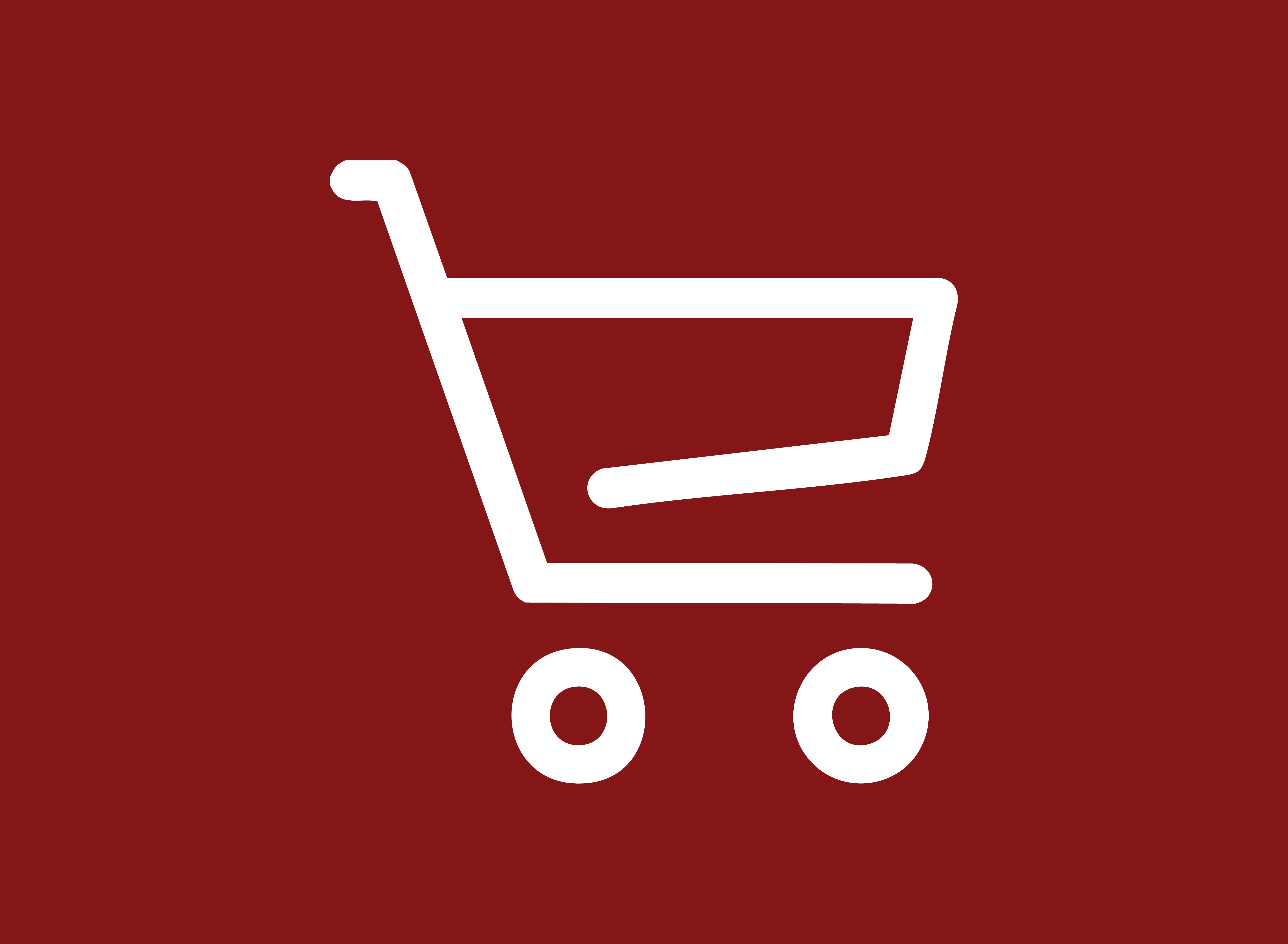A white shopping cart icon over a crimson background.