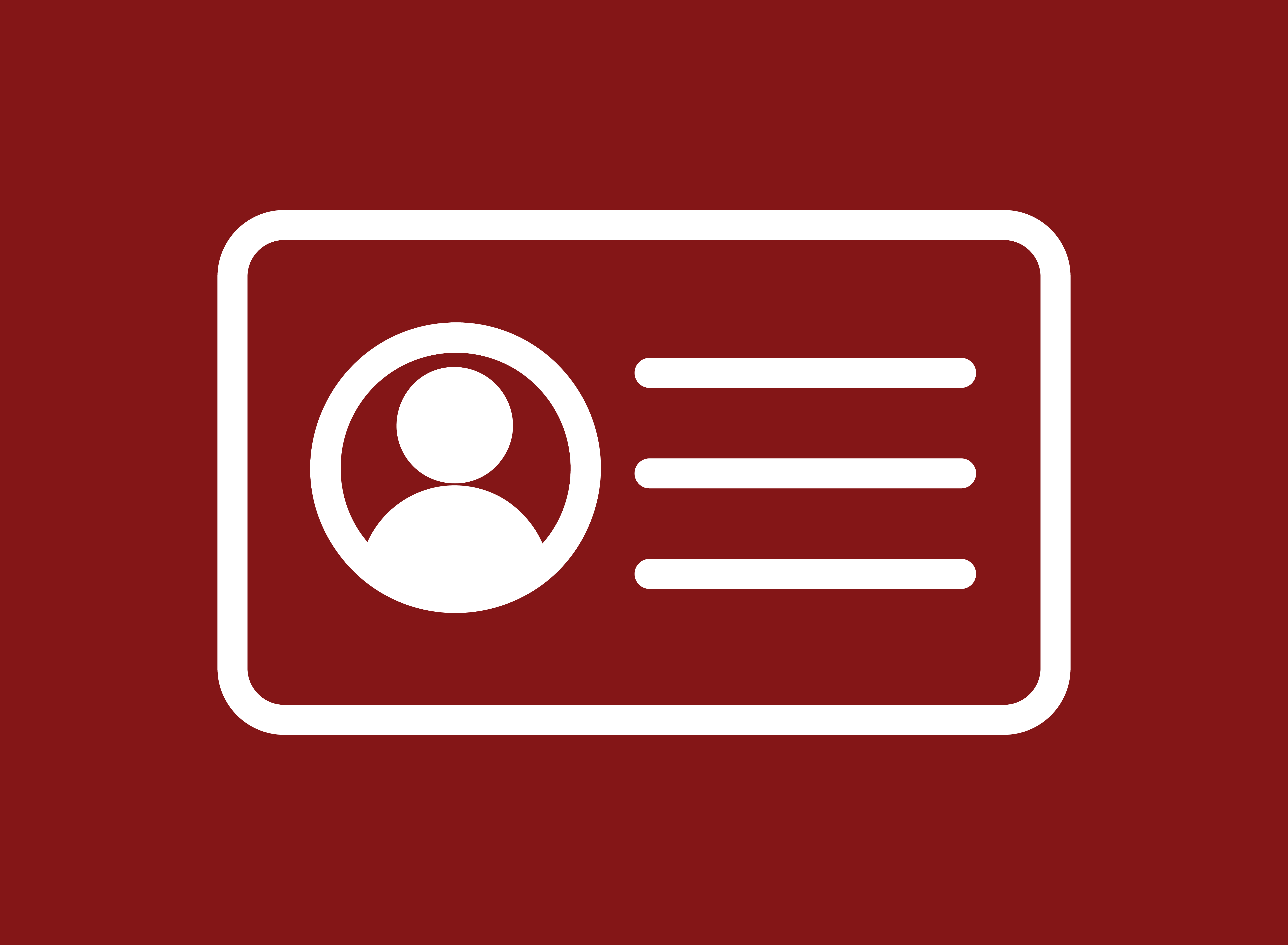 A white icon of a driver's license over a crimson background.