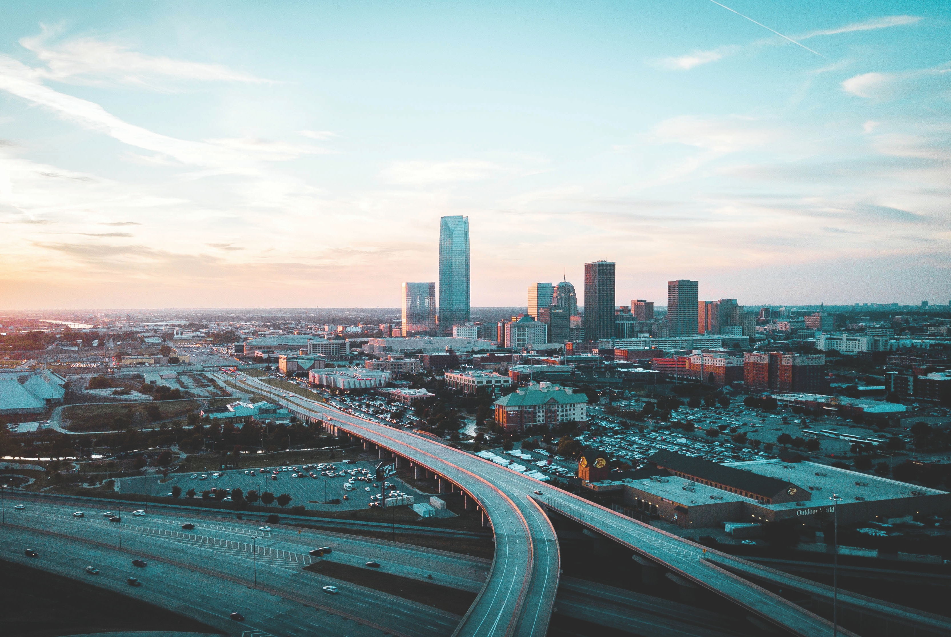 Oklahoma City skyline at sunset.