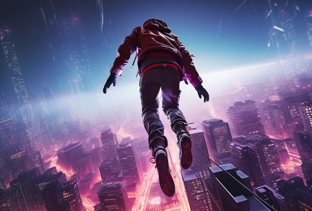 Surreal perspective of person floating over a city.