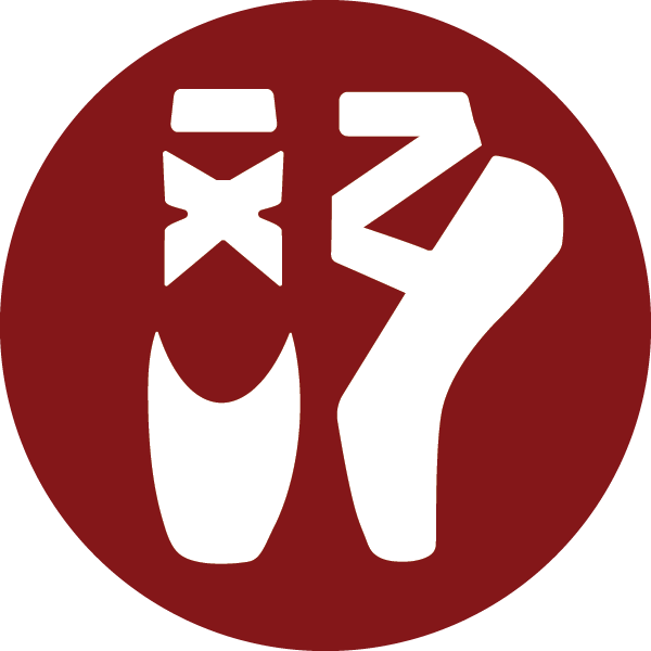 Ballet shoes icon in white over a crimson background.
