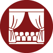 White icon of rows of theatre seats surrounded by stage curtains, overlaying a crimson background.