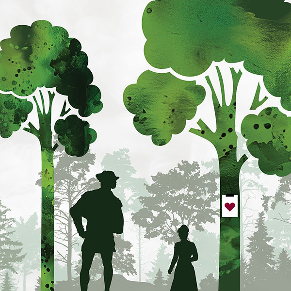 Two dark green silhouettes of people standing in a stylized forest with a heart on a tree.