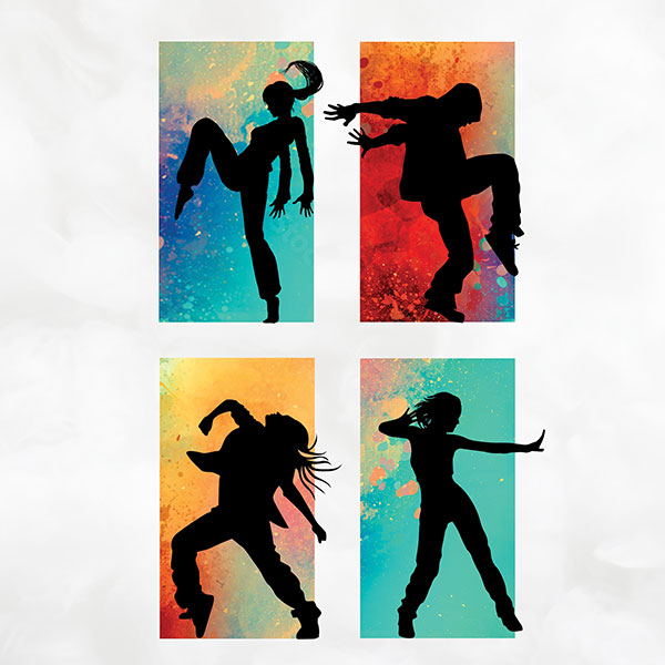 Four rectangles with silhouettes of modern dancers.