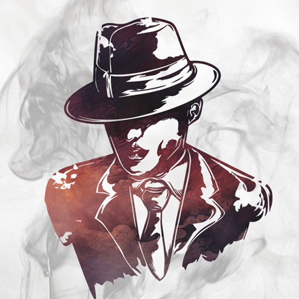 Mob boss in fedora surrounded by smoke.