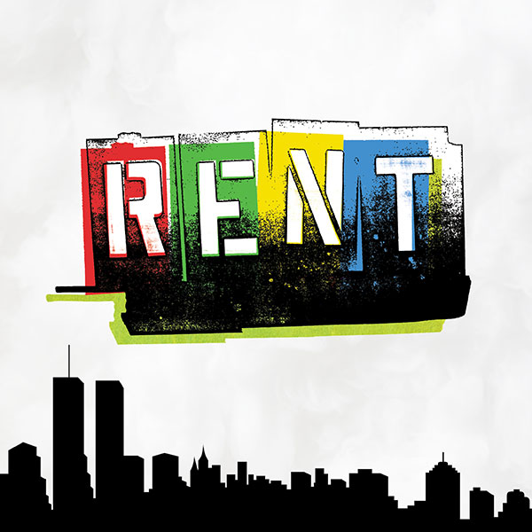 RENT the musical stylized logo on top of a grey cityscape.