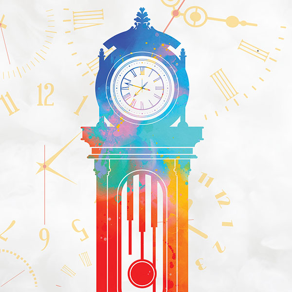 A colorful rainbow grandfather clock with clock faces in the background.