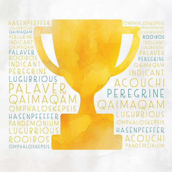 A spelling bee trophy with stylized words in the background.