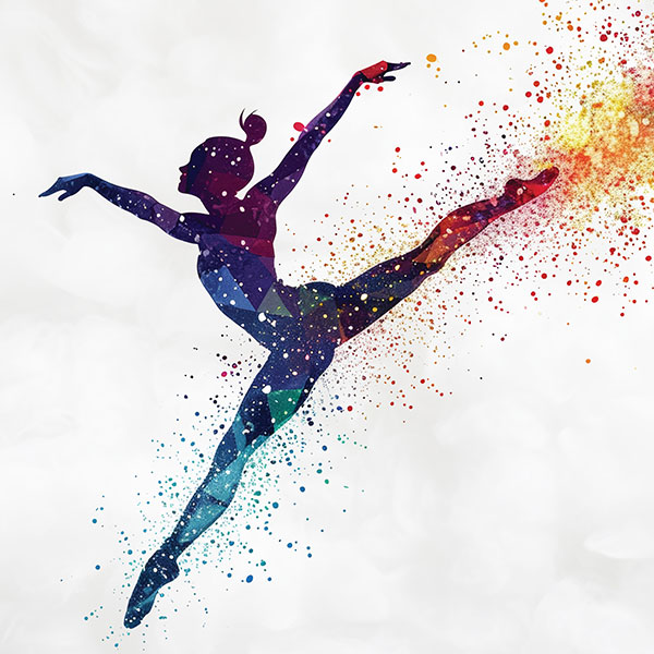 Ballerina leaping with multicolor glitter all around.