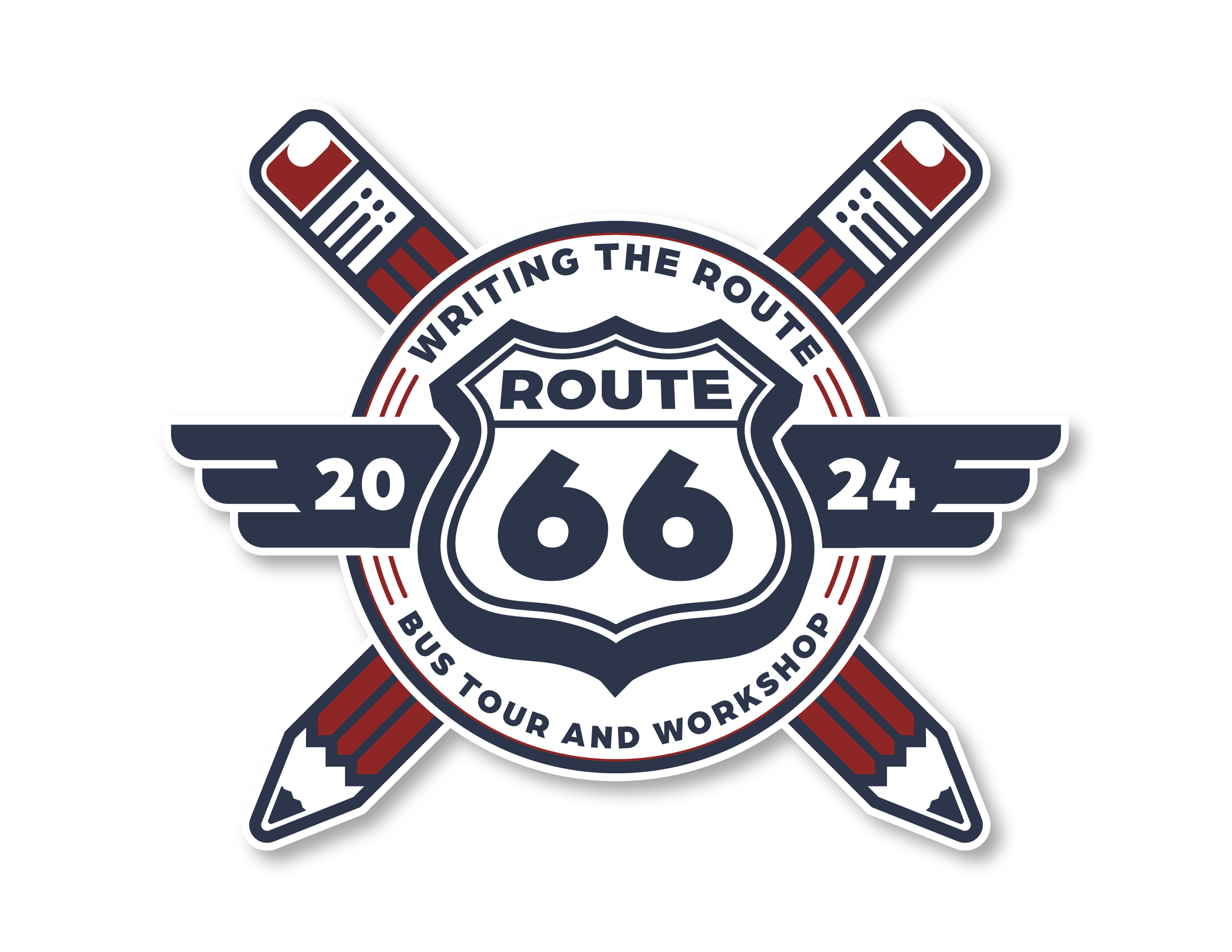 Logo for the "写入路由" workshop, two pencils crossed behind a Route 66 sign