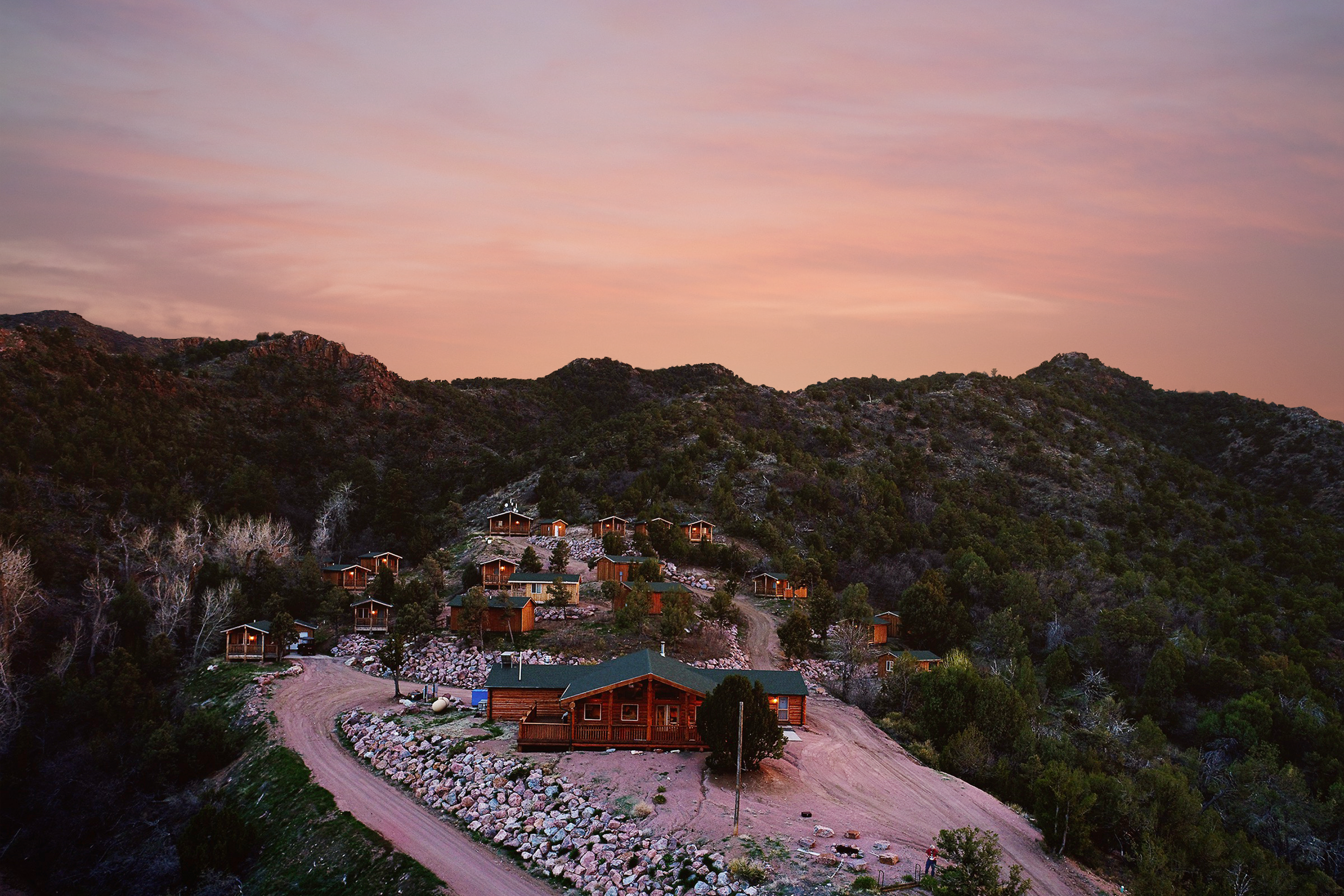 Ariel picture of Bartell Field Camp at sunset in Cañon City, Colorado.