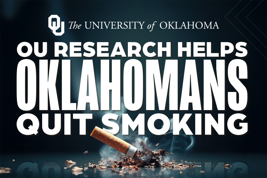 A picture of a half-smoked cigarette falling on the floor. 俄克拉荷马大学 wordmark appears at the top of the image, followed by the words "你的研究 Helps Oklahomans Quit Smoking".