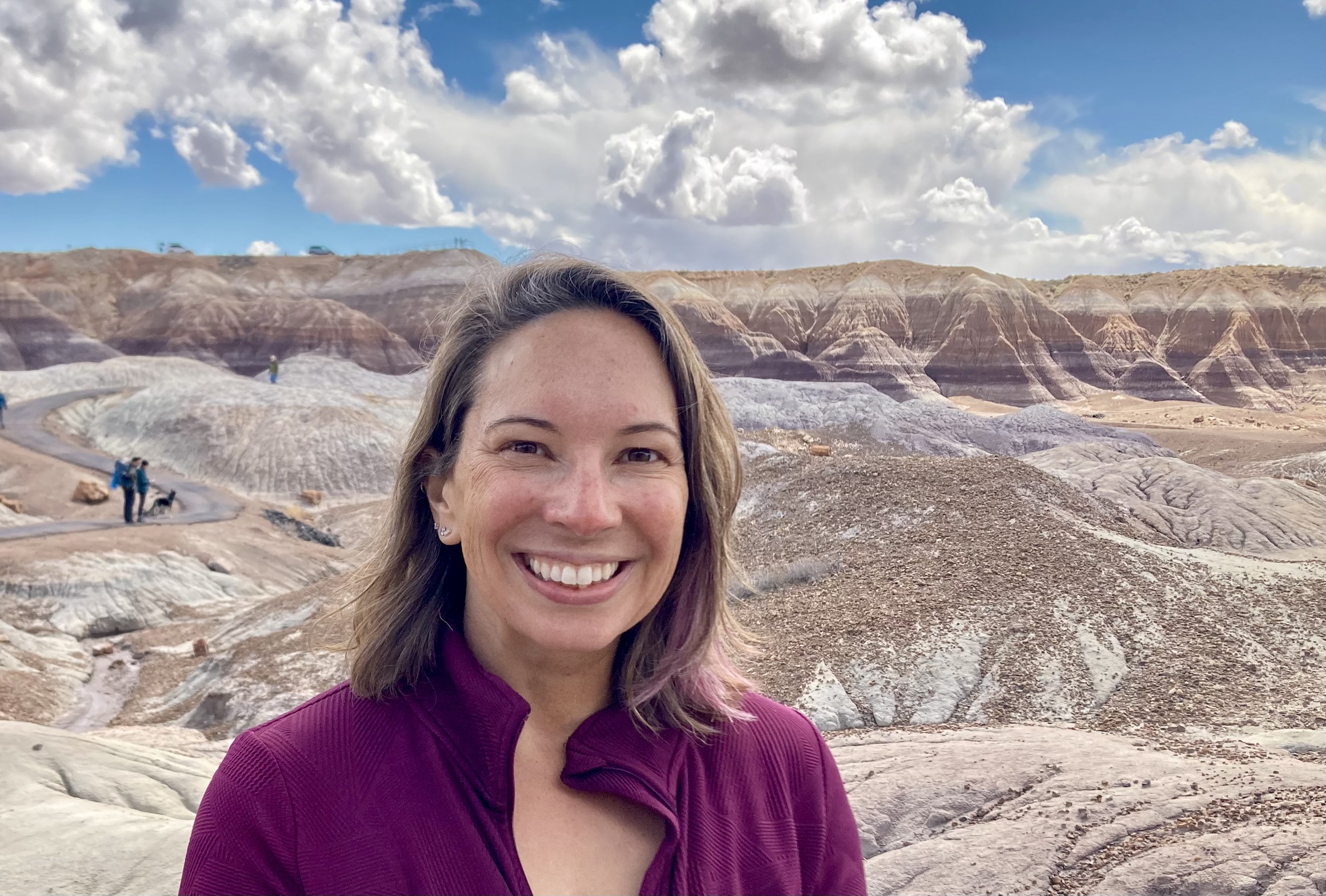 Heather Bedle against a rocky landscape.