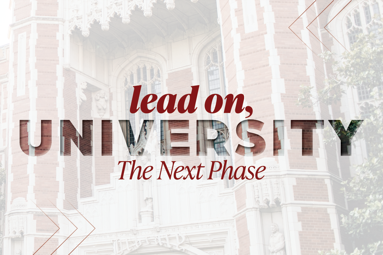 Lead On, University: The Next Phase wording overlaying a building.