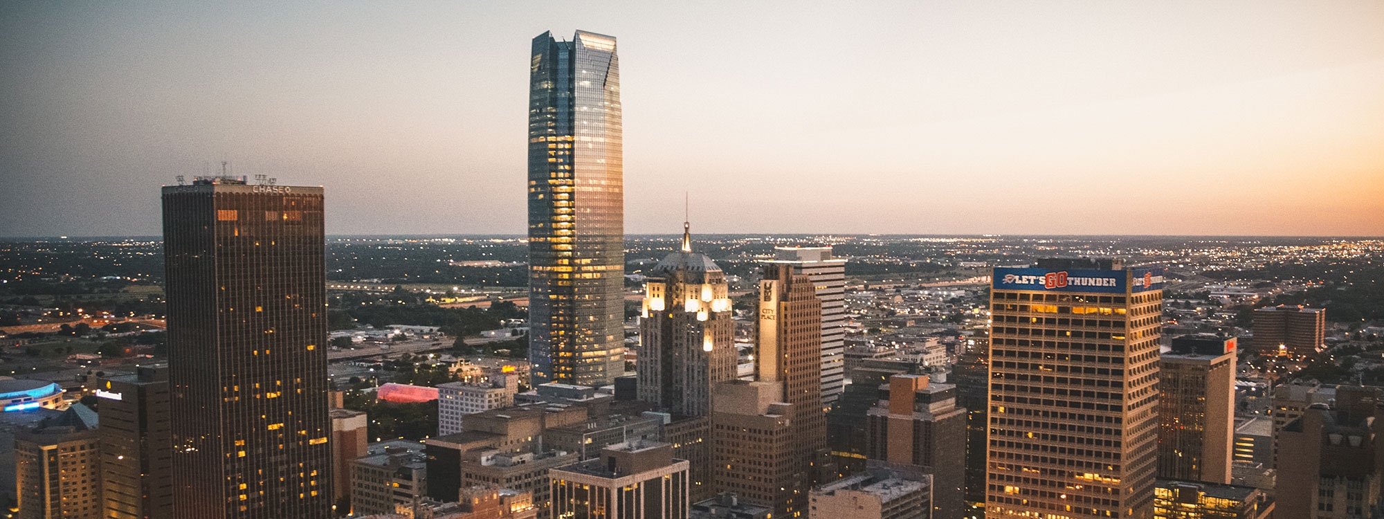 An aerial view of the Oklahoma City skyline.