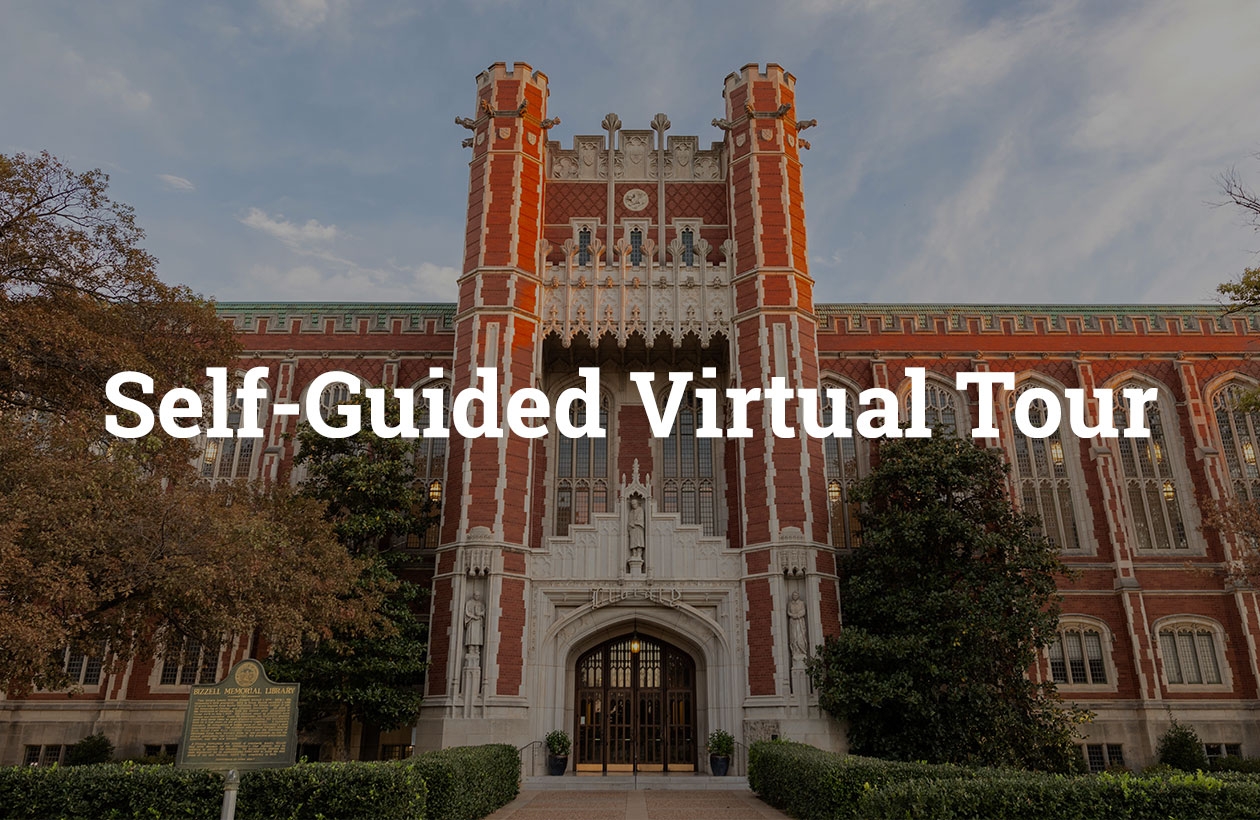 Evans hall with text 'Self-Guided Virtual Tour" superimposed.