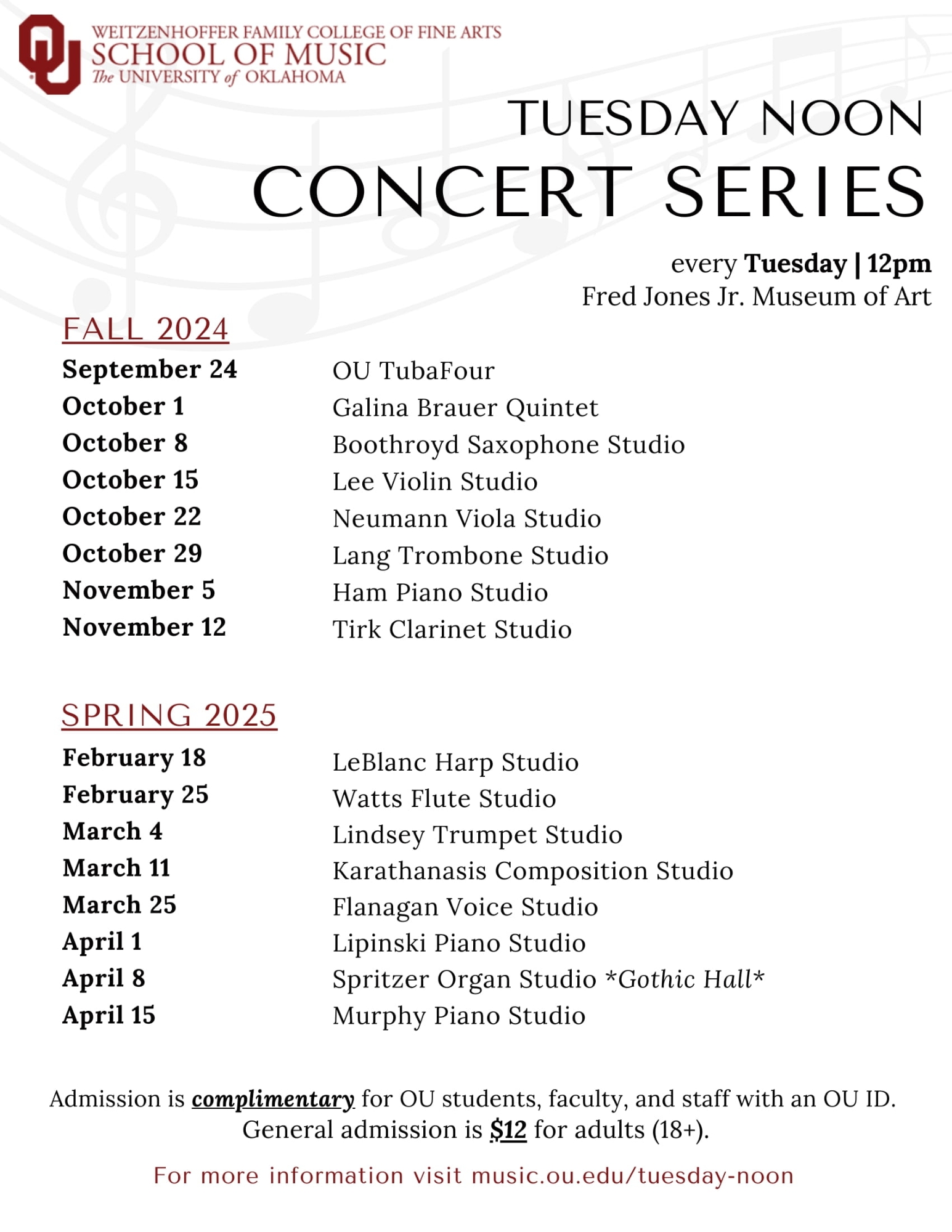 2024-2025 Tuesday noon concert series overview. Contact avance@ou.edu for more details.