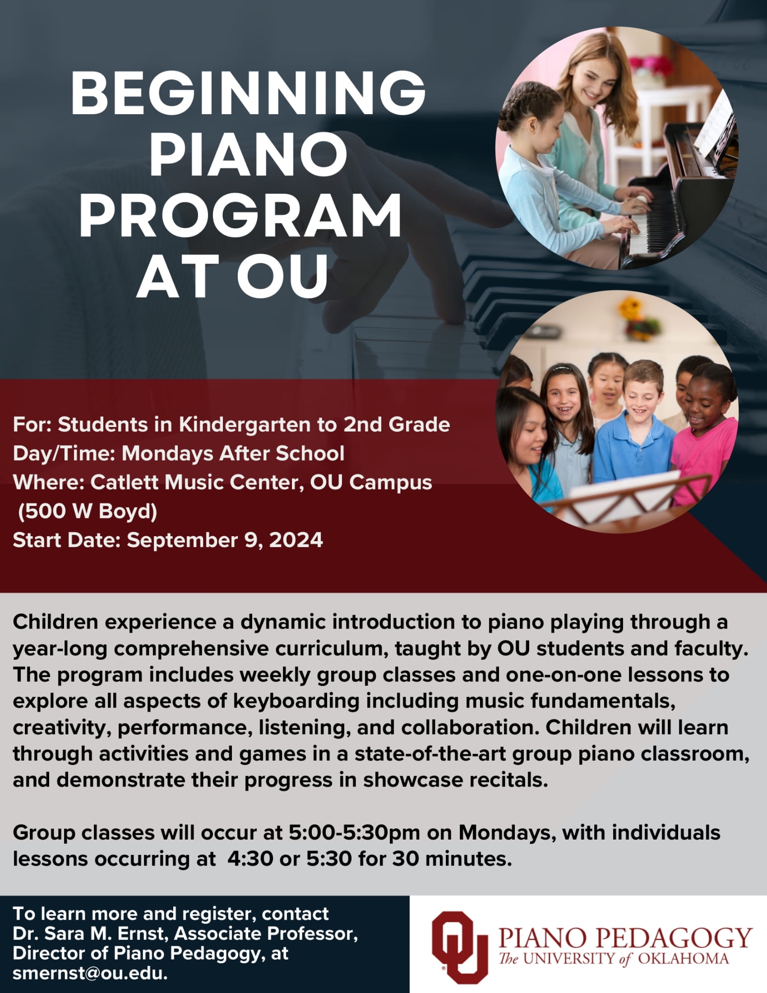 OU Beginning Piano Program Flyer. Contact smernst@ou.edu for more details.