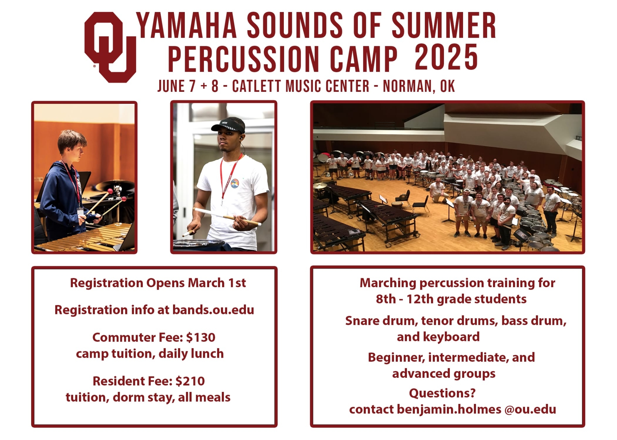 OU Percussion Camp June 7 & 8.  Registration opens March 1st at ou.edu/finearts/music/bands/ou-percussion-camp