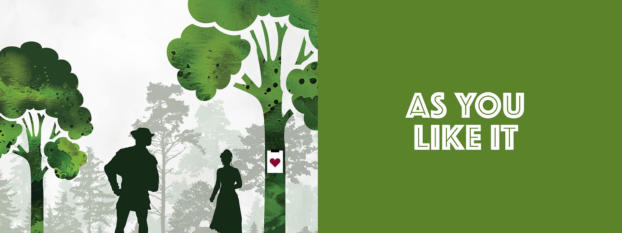 Two dark green silhouettes in a stylized forest, with the words "皆大欢喜" in white text overlaying a green background.